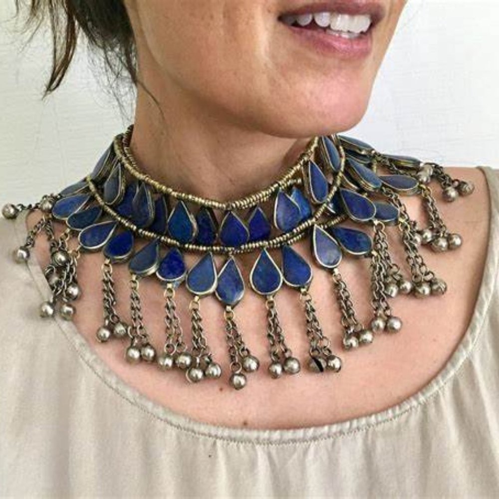 Lapis Lazuli Long Necklace or Belt ~ Vintage Bohemian Jewelry ~ Lapis Lazuli Bel - Picture 1 of 4